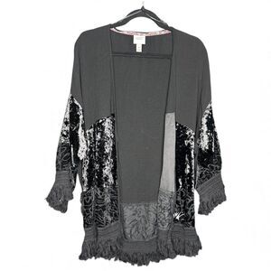 Knox Rose Womens Black Velvet Burnout Kimono Cardigan Fringe Boho Whimsygoth XS